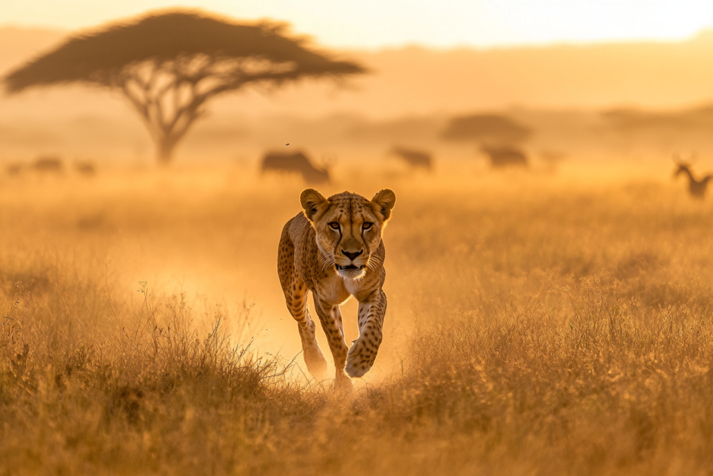 lioness running through the savanna at sunset, baobabs in the background on a Tanzanian safari